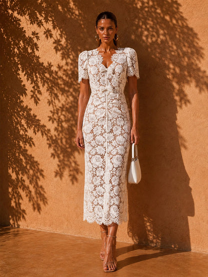 Brooklyn Bow-Accent Lace Midi Dress