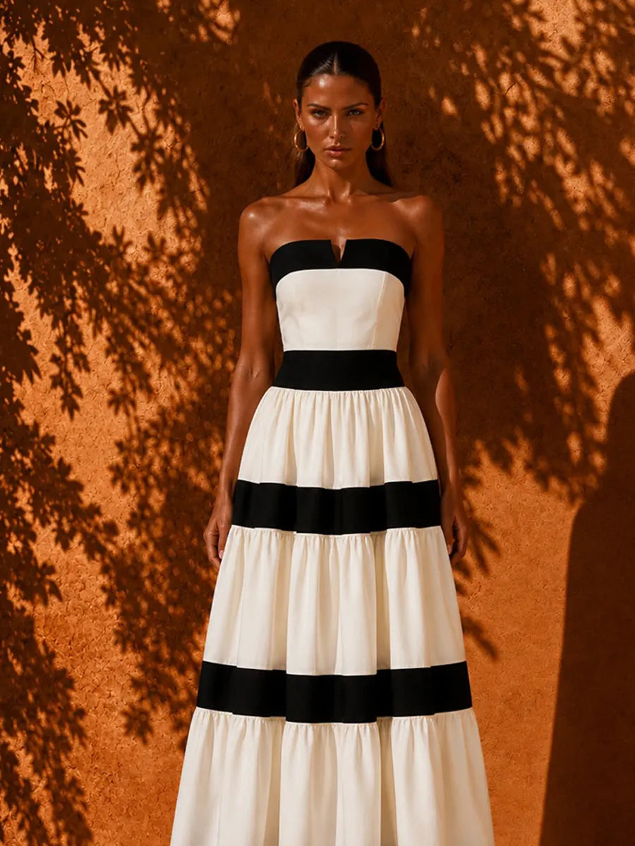 Davina Strapless Striped Maxi Dress with Bow Detail