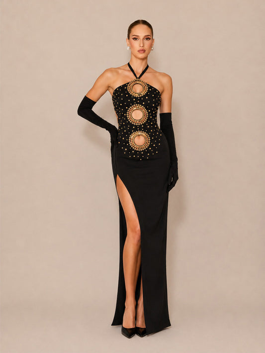 Brynn Beaded Halter-Neck Cut-Out Maxi Dress