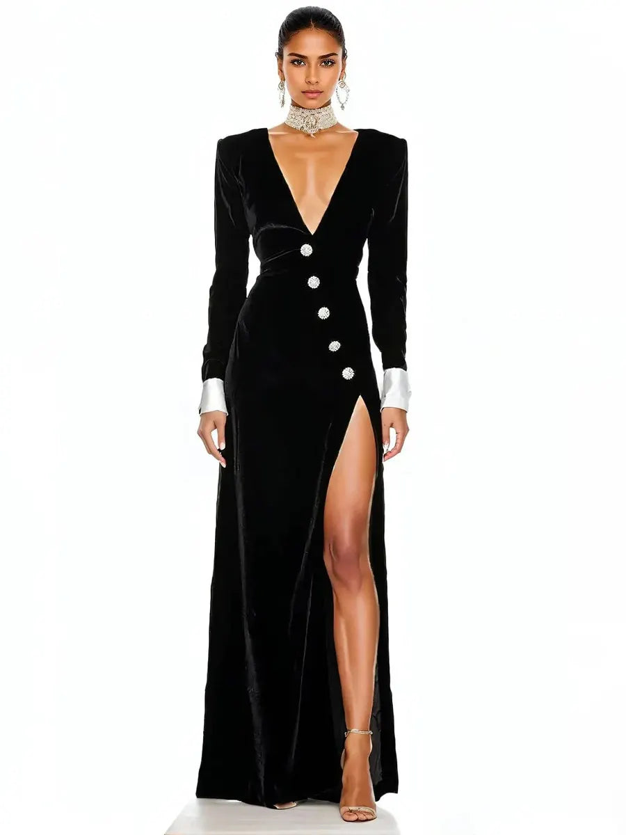 Natasha Deep V Long Sleeve Maxi Dress In Black