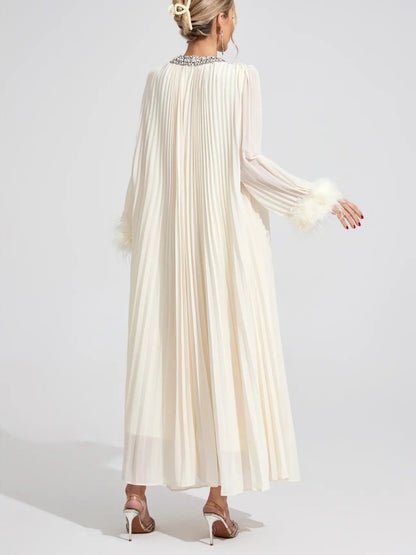 Elara Pleated Feather-Cuff Crystal-Embellished Maxi Dress