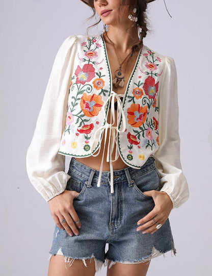 Floral Embroidered Open Front String Shirt