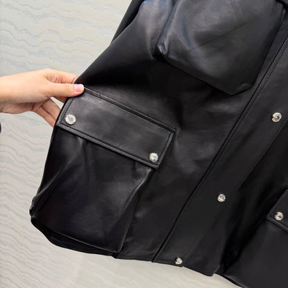 Prada 26S Biker Jacket Long Black Leather Lambskin 341245