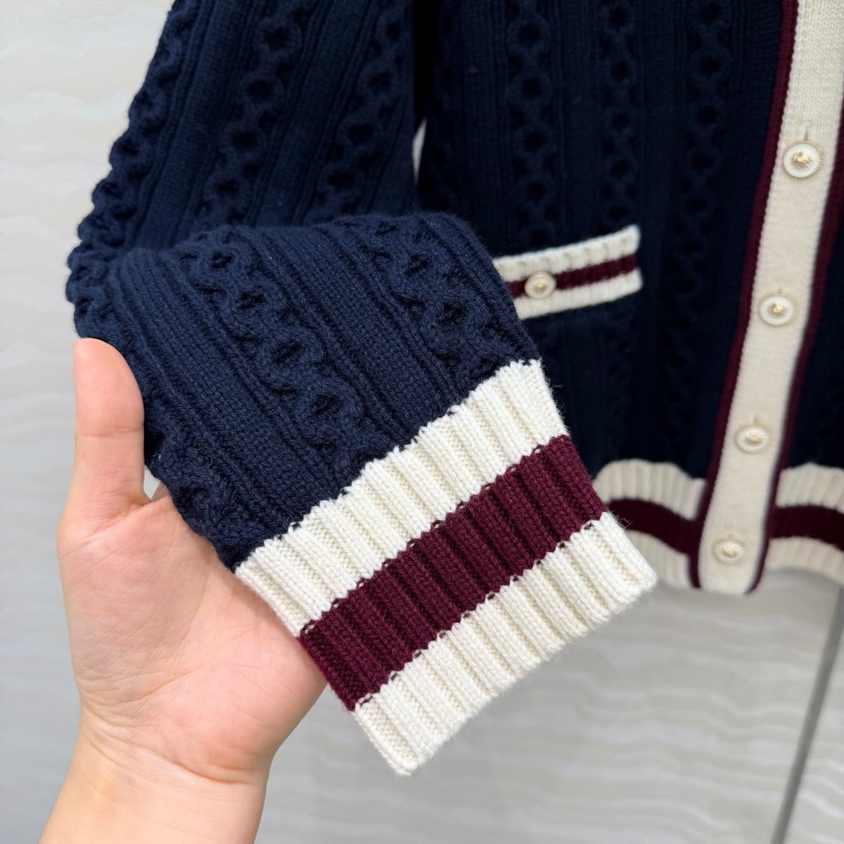 CC Spring 26 Cardigan White Brown Dark Blue Wool 342792