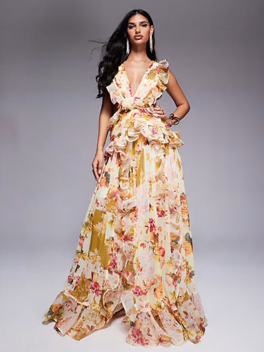 Lavinia Printed Chiffon Ruffled Maxi Dress