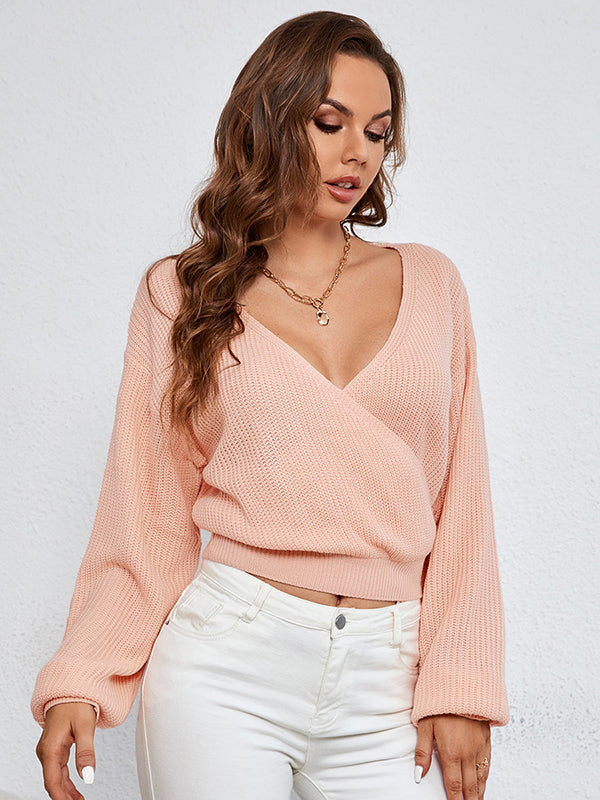 Casual Puff Sleeves Long Sleeves Solid Color Deep V-Neck Sweater Pullovers