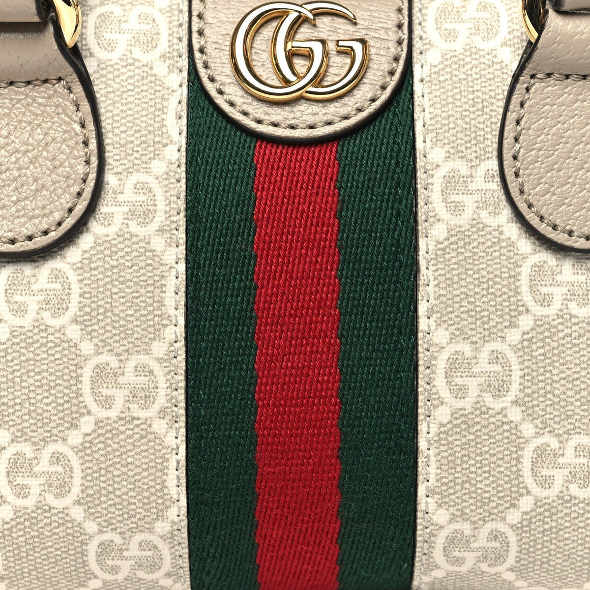 GG Supreme Monogram Textured Dollar Calfskin Web Mini Ophidia Top Handle Bowler Bag Beige Mystic White Oatmeal