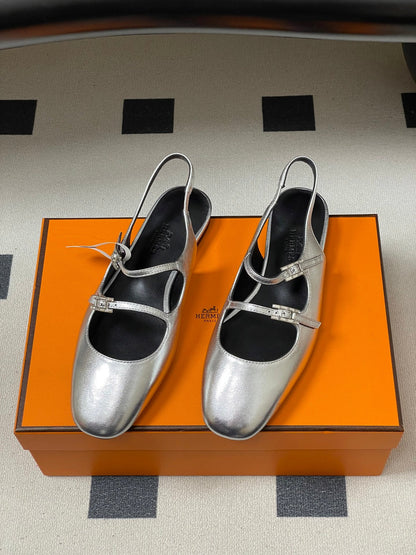 Hermes 26S Mila Open-Heel Sandals Silver in Calfskin 594344