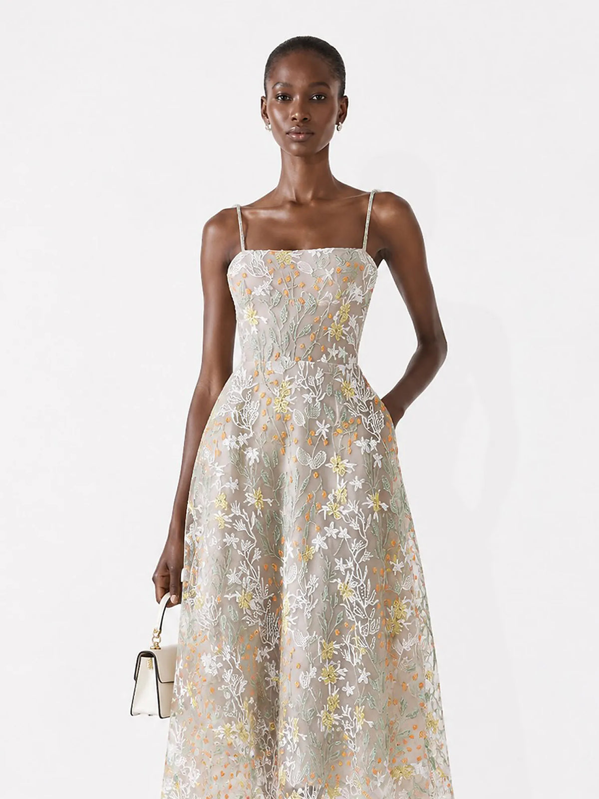 Salma Floral-Embroidered Spaghetti-Strap Midi Dress