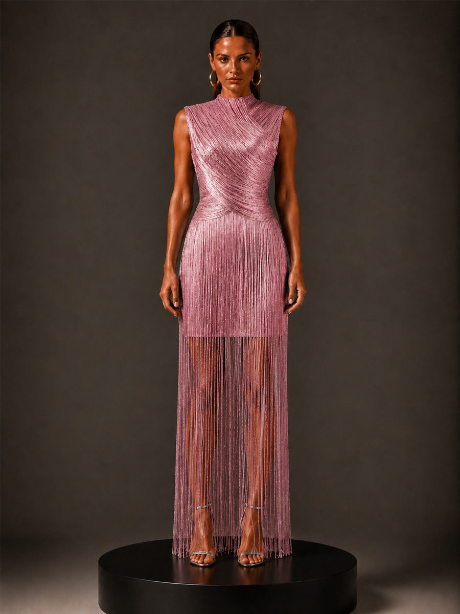 Calliope Silver-Thread Tassel Bandage Maxi Dress In Pink