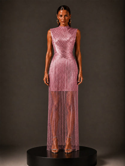 Calliope Silver-Thread Tassel Bandage Maxi Dress In Pink