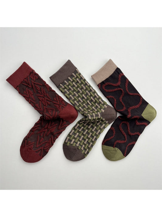 Rufia - Geometric Pattern Color-Block Mid-Crew Socks