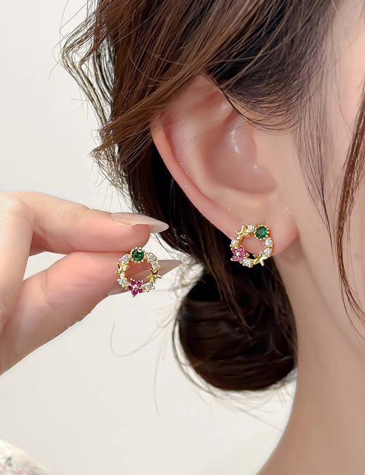 Cute Wreath Bow Rhinestone Stud Earrings