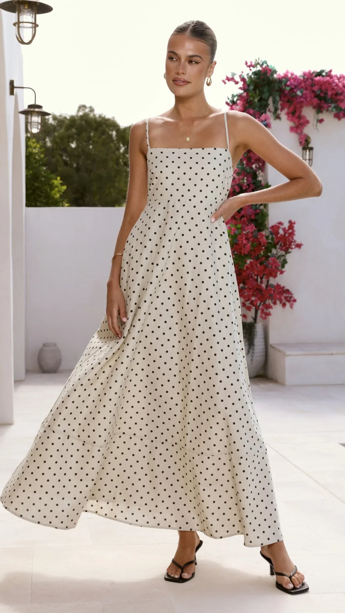 Nicole Spaghetti_Strap Maxi Dress - Beige/Black Polka Dot