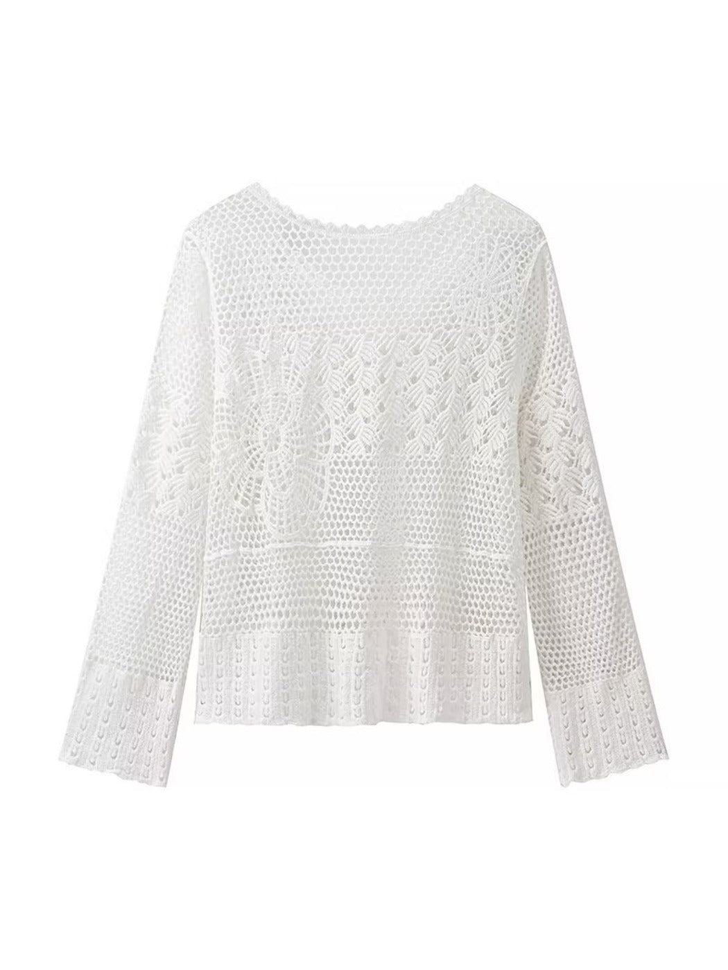 Crosa - Hollow Knitted Round Neck Long-sleeved Top