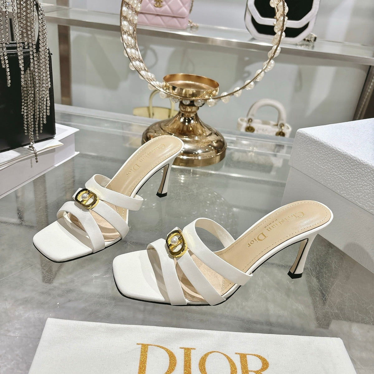 CD 26 High-Heeled Sandals 75mm White Beige Leather 592256