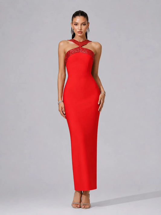Nalani Chic Contour Halter Rhinestone Bandage Red Maxi Dress
