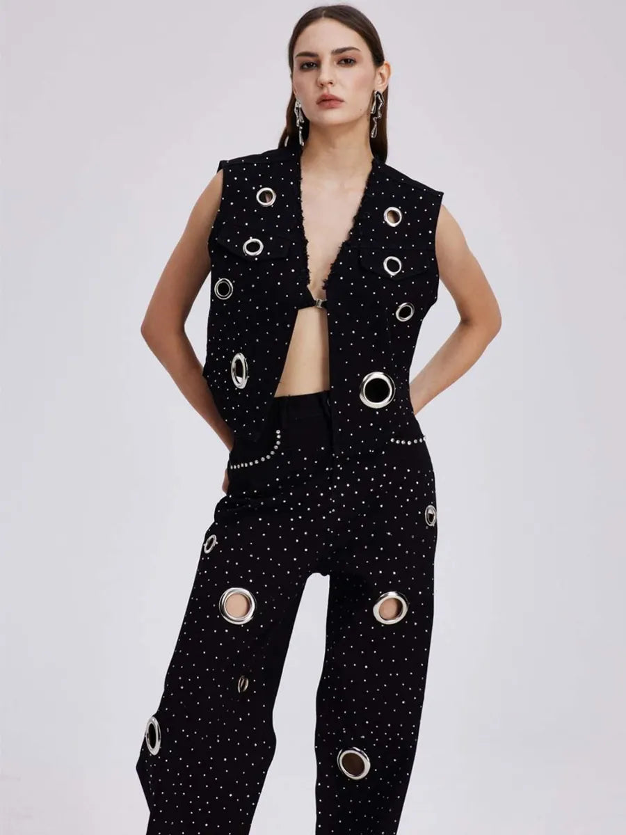 Liana Embellished Cutout Denim Pants Set