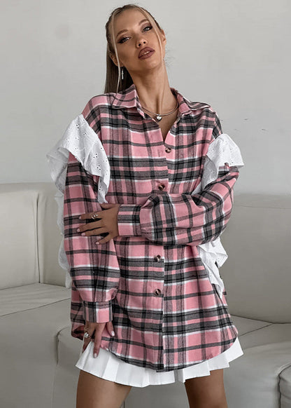 Plaid Poplin Shirt Cotton Polyester Pink Ruffle Detail