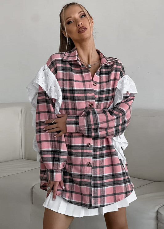 Plaid Poplin Shirt Cotton Polyester Pink Ruffle Detail