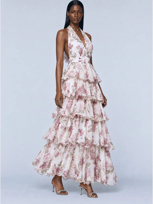 Sabina Tiered Printed Chiffon Maxi Dress