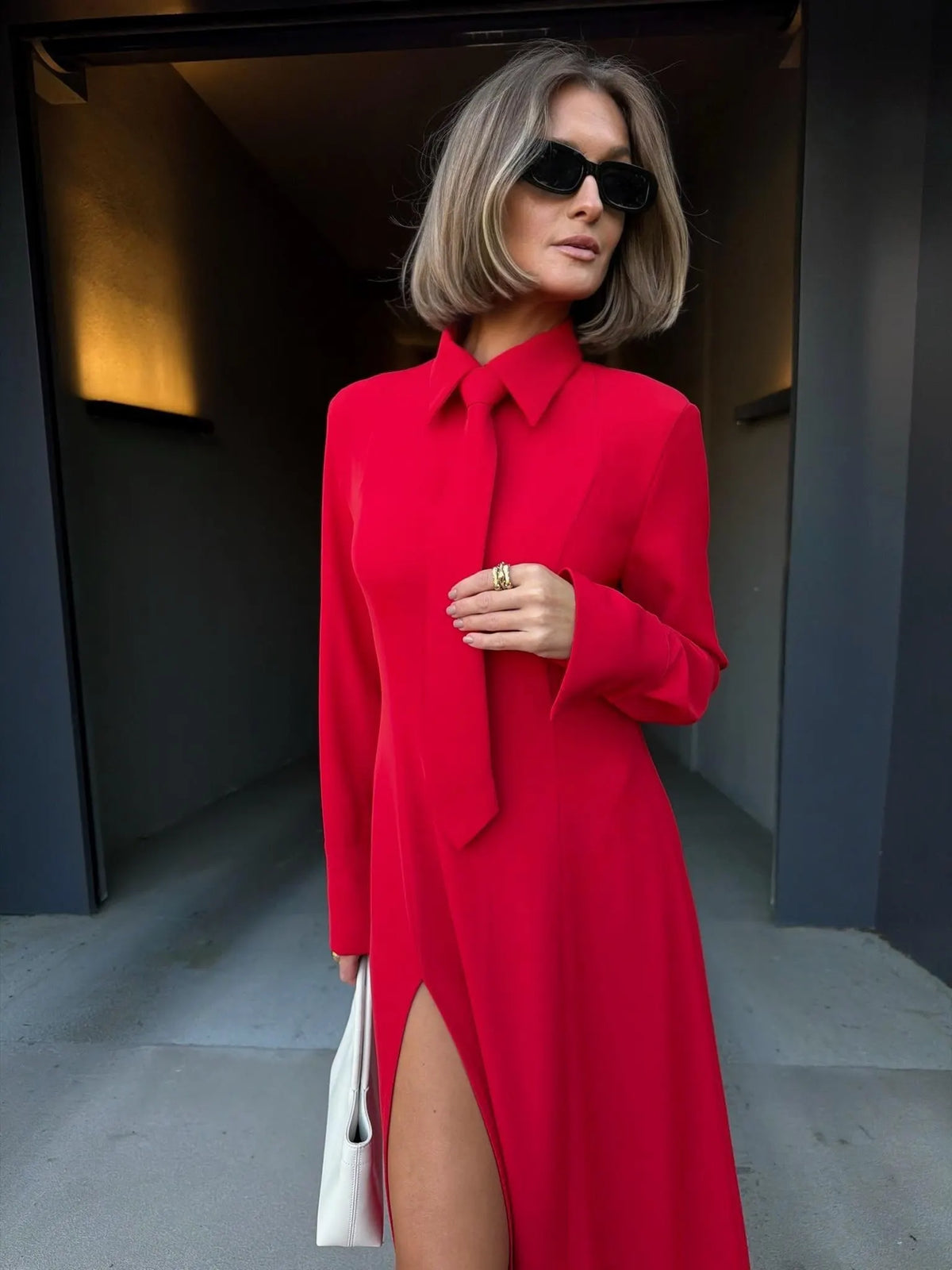 Elowen Tie Neck Slit Maxi Dress In Red