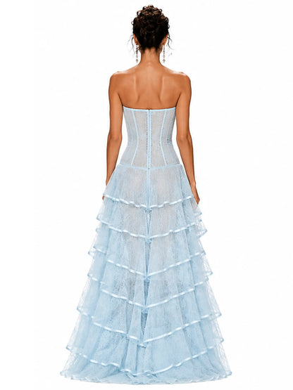Josephine Sheer Mesh Multi-Layer Strapless Maxi Dress
