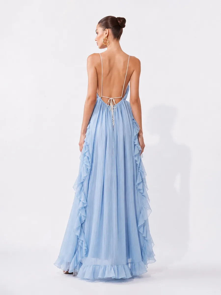 Stella Romantic Ruffled V-Neck Spaghetti Strap Maxi Dress