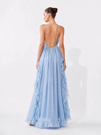 Stella Romantic Ruffled V-Neck Spaghetti Strap Maxi Dress