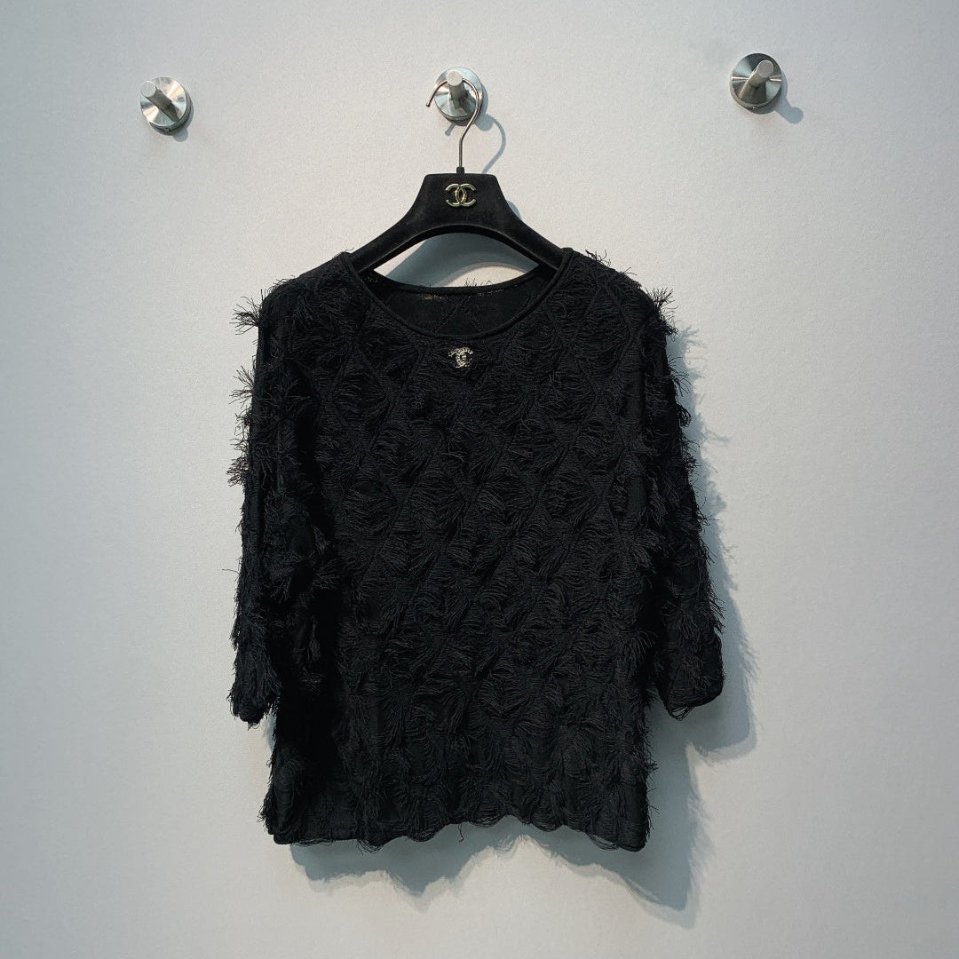 CC SS26 Feather-Trimmed Chiffon Top Black Chiffon 350963