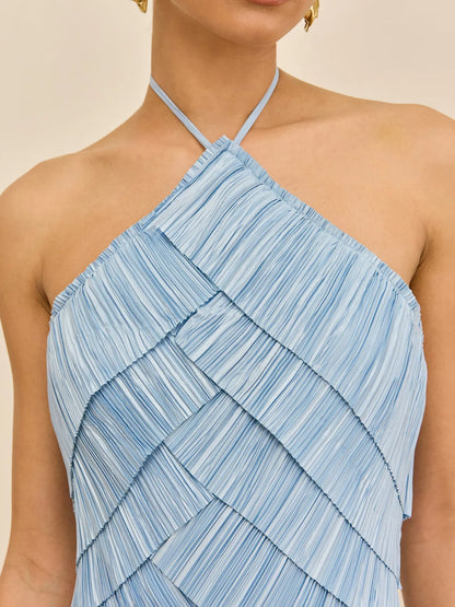 Ella Tiered Pleated Halter-Neck Sleeveless Maxi Dress