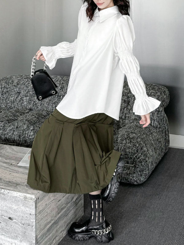 Puff Sleeves Pleated Solid Color Split-Joint Lapel Blouses