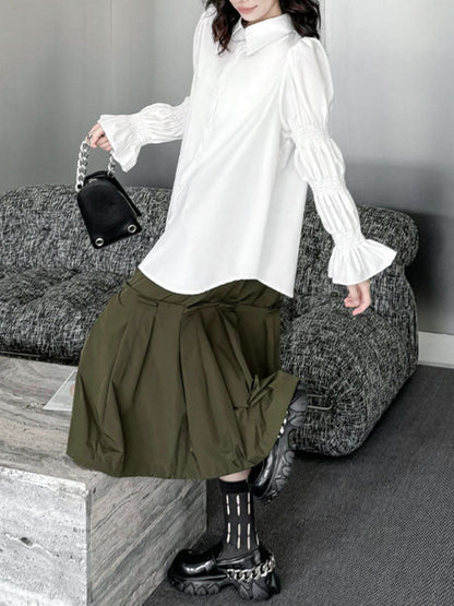Puff Sleeves Pleated Solid Color Split-Joint Lapel Blouses