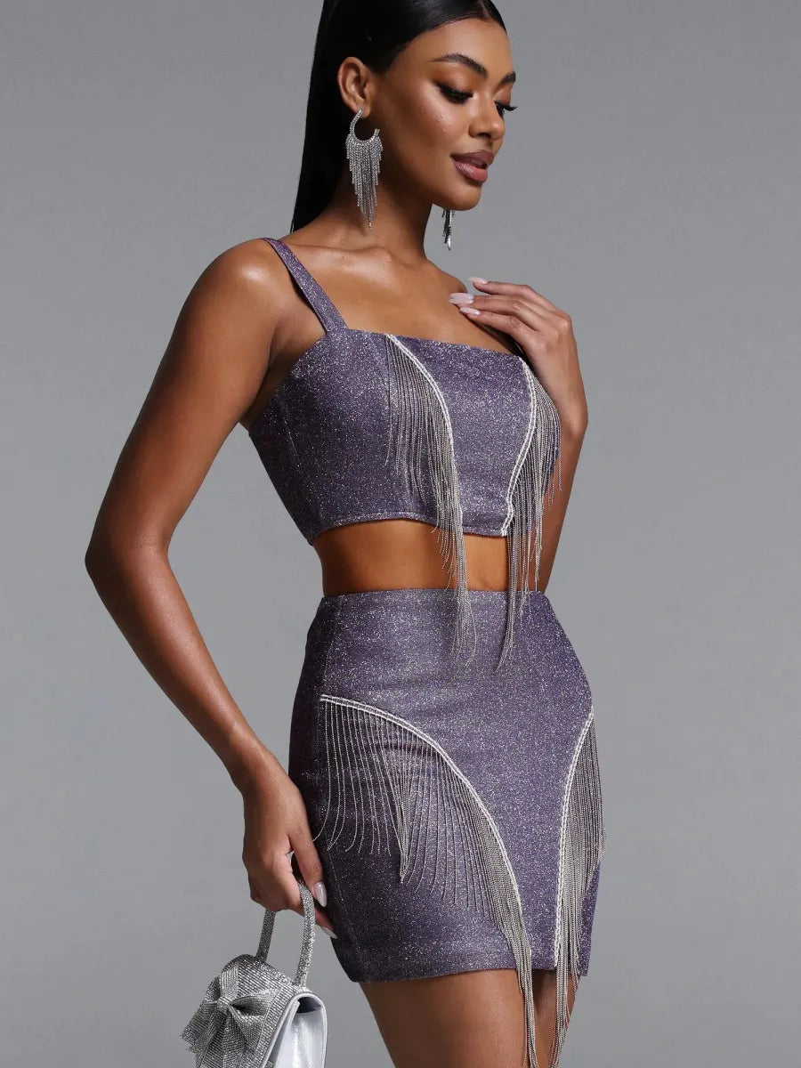 Gia Glitter Fringe Crop Top & Mini Skirt Set