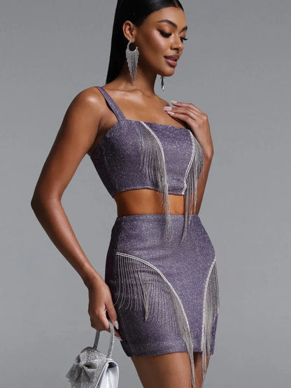Gia Glitter Fringe Crop Top & Mini Skirt Set
