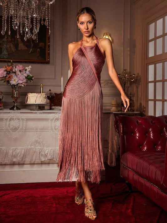 Edaline Halterneck Fringe Midi Dress