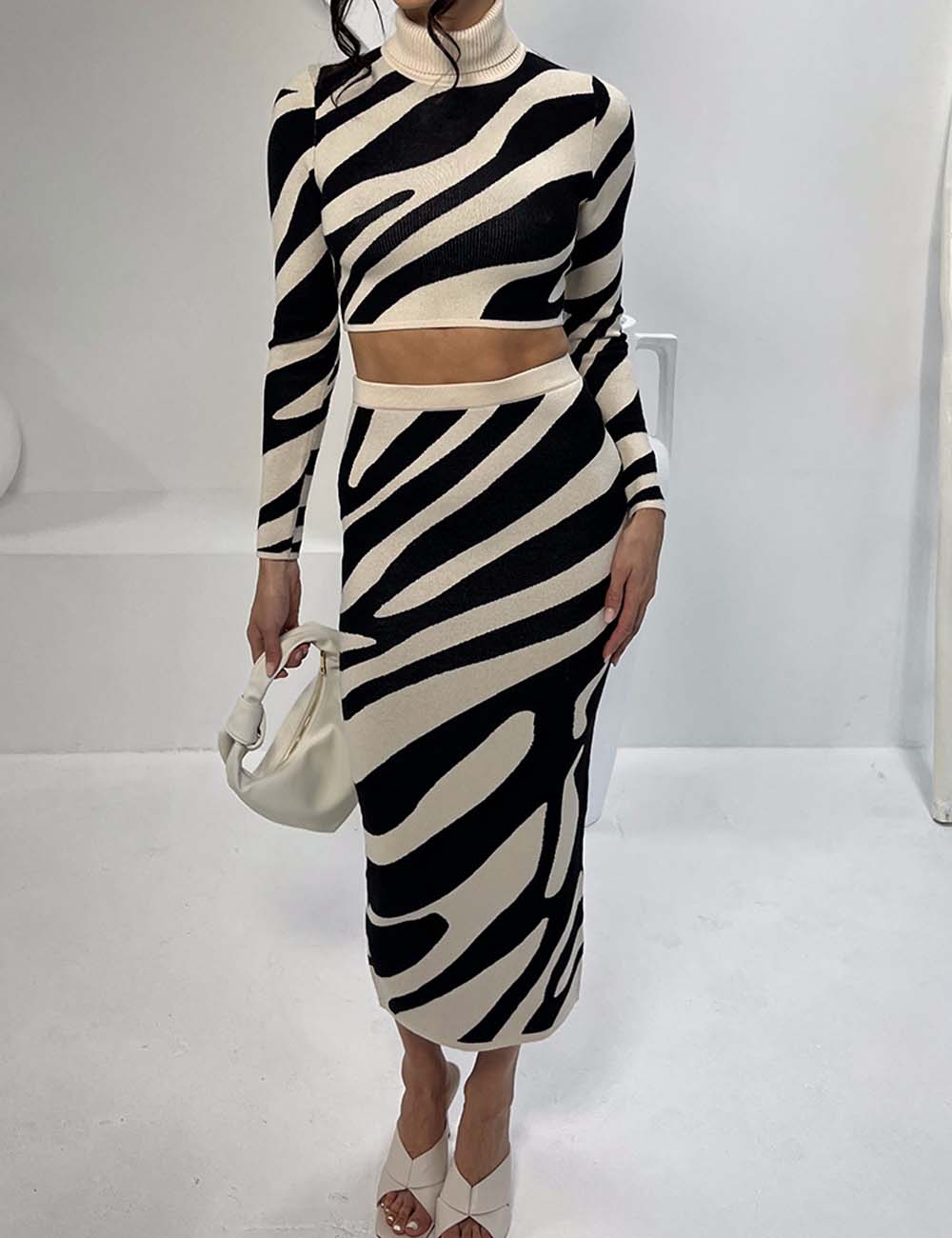 2 Pcs Fall Striped Long Sleeve Bodycon Maxi Skirt