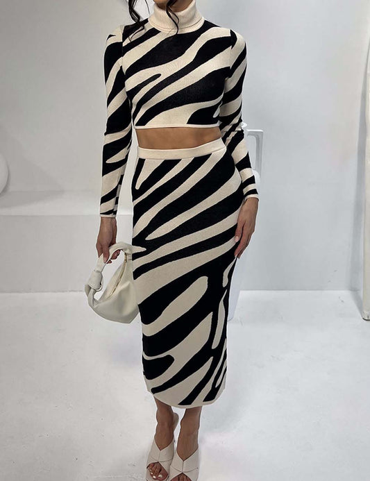 2 Pcs Fall Striped Long Sleeve Bodycon Maxi Skirt