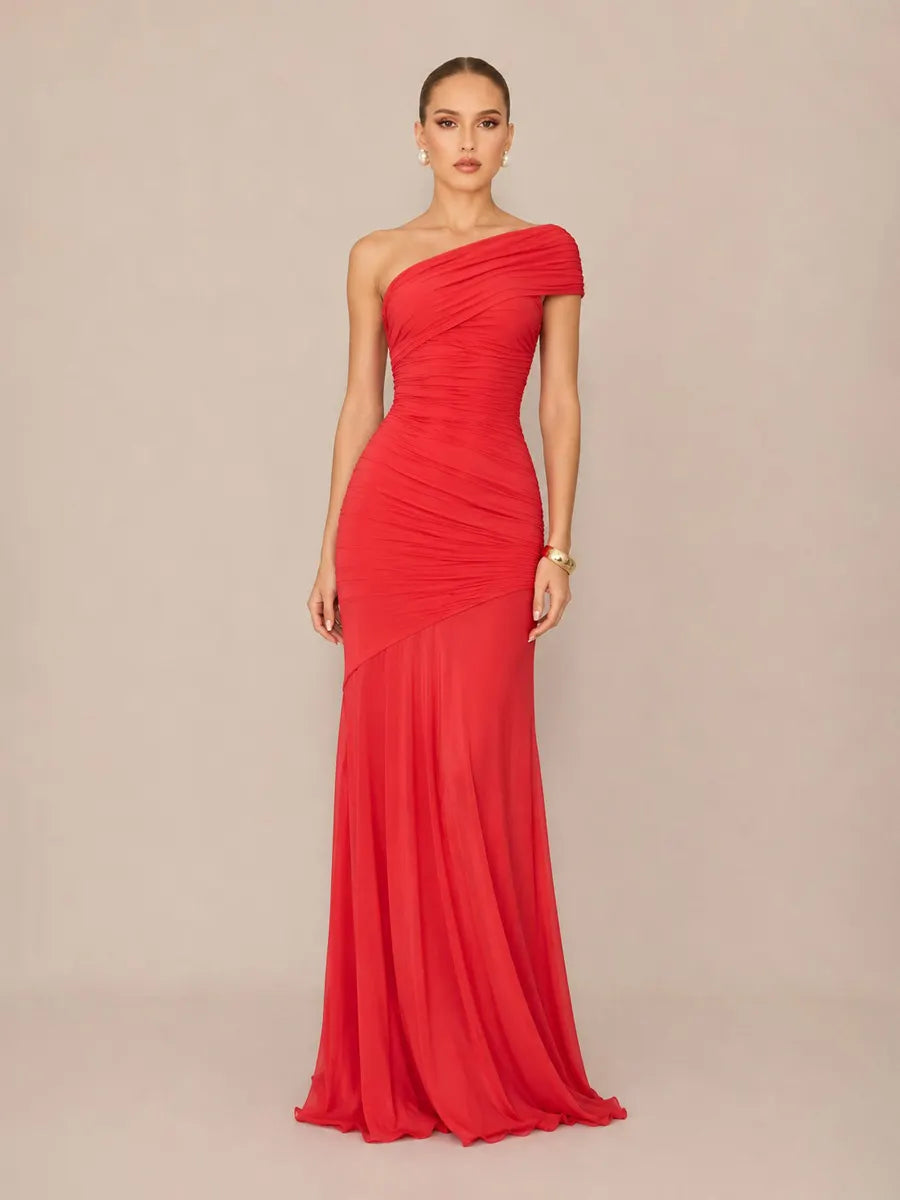 Marcella Asymmetric Neckline Strapless Back-Revealing Bodycon Maxi Dress