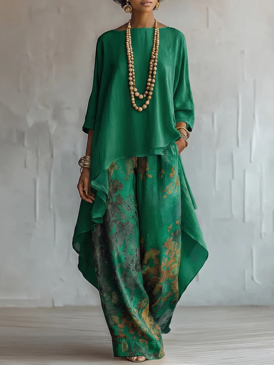 Women's Artistic Linen-Blend Asymmetrical Top & Floral Print Wide Leg Pants Two-Piece Set