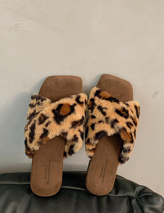 Square-Toe Cross-Strap Fuzzy Slippers