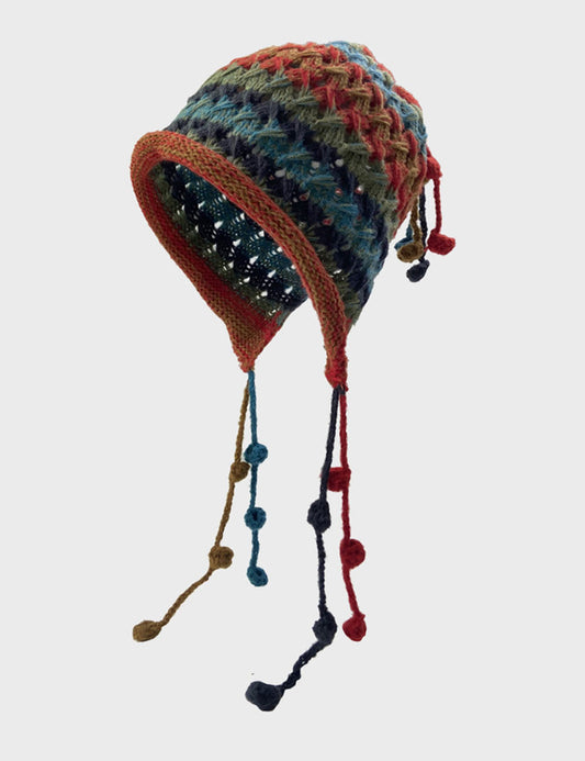 Vintage Tassel Pom Ear Flap Beanie Knit Hat