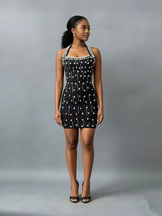 Heidi Rhinestone Halter-Neck Bandage Mini Dress