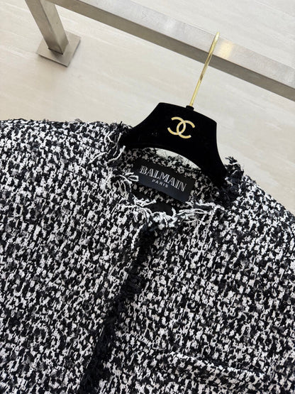 Balmain Short Jacket Black White Tweed 344762