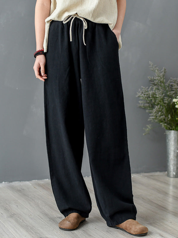 Simple Ramie Cotton Elasticity Waist Loose Knickerbockers&Capri-Pants