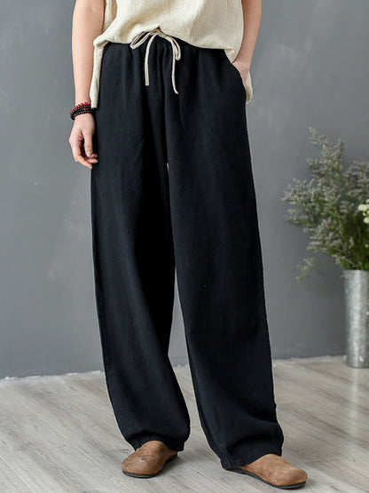 Simple Ramie Cotton Elasticity Waist Loose Knickerbockers&Capri-Pants
