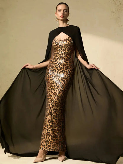 Celestia Leopard Print Sequin Maxi Dress & Cape Set