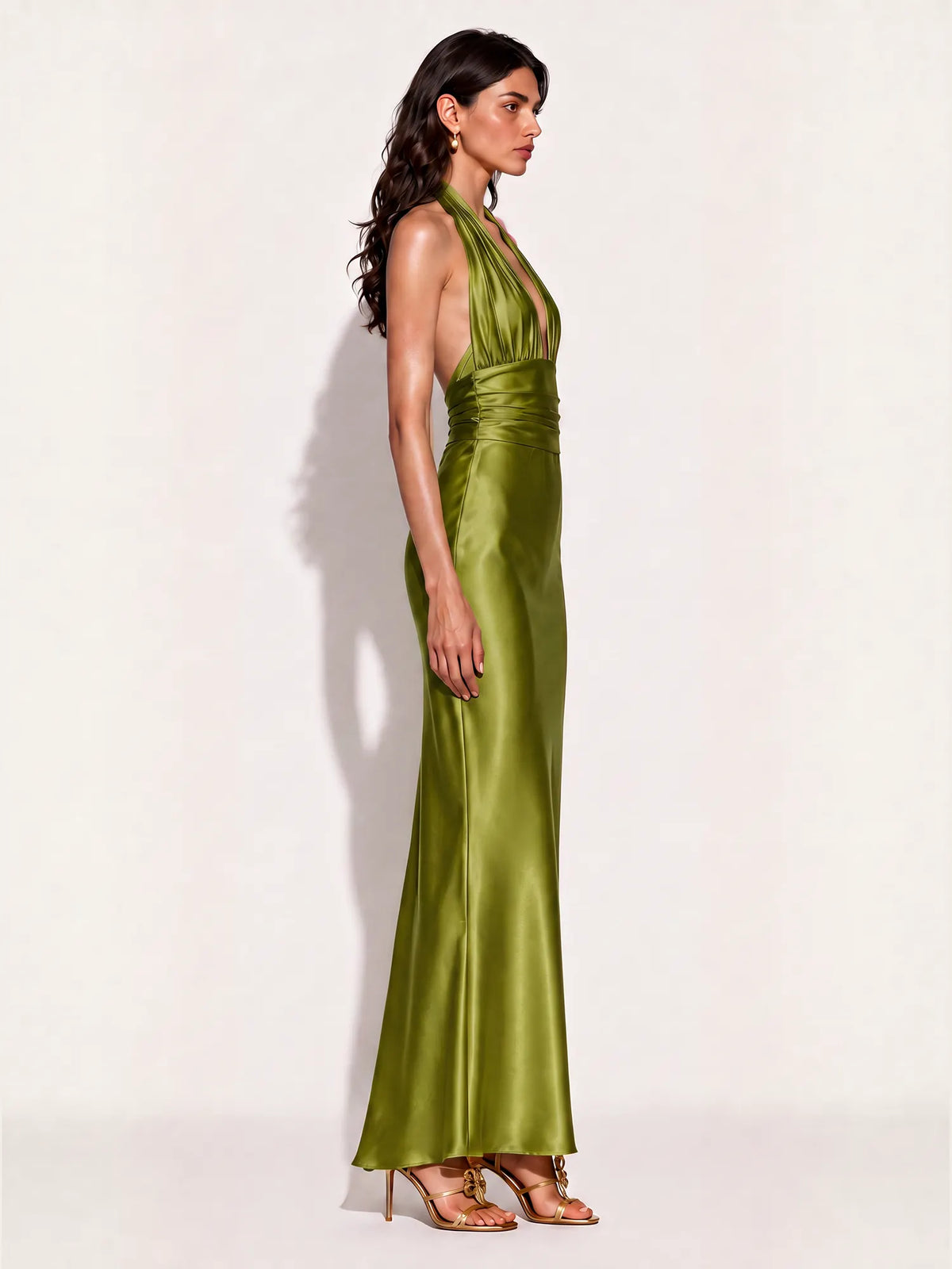 Audrey Satin Halter-Neck Mermaid Maxi Dress In Green