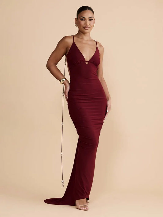 Rosalie Ruched Open Back Maxi Dress in Burgundy