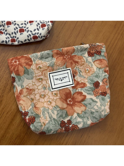 Cosbai - Corduroy Travel Cosmetic Pouch with Floral Patterns